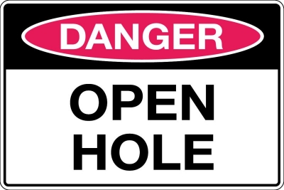 SIGN DANGER OPEN HOLE 300X450MM METAL CL1 REFLECTIVE BLACK & RED ON WHITE