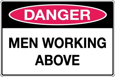 SIGN DANGER MEN WORKING ABOVE 300X450MM METAL CL1 REFLECTIVE BLACK & RED ON WHIT