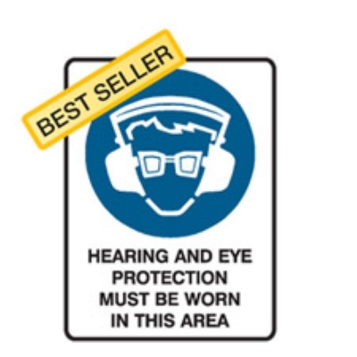 SIGN HEARING & EYE PROTECTION MUST BE WORN IN THIS AREA 225X300MM METAL 841244 (030403 - 300X450MM)
