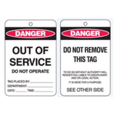 TAG DANGER OUT OF SERVICE DO NOT OPERATE 100X150MM CARDSTOCK PACK 100 842357