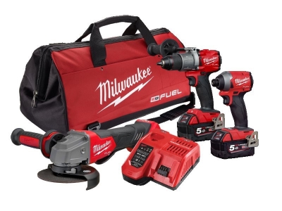 KIT CORDLESS 18V FUEL 3PC C/W HAMMER DRILL, GRINDER , HEX IMPACT DRIVER & 2X5.0A