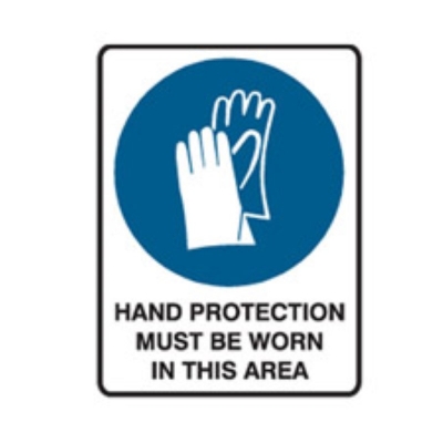 SIGN HAND PROTECTION MUST BE WORN IN THIS AREA 225X300MM POLY 841230 (Z028535 - 300X450MM)