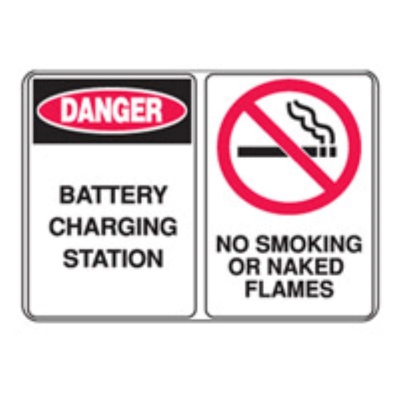 "SIGN MULTI WARNING DANGER BATTERY CHARGING STATION, NO SMOKING/NAKED FLAME 300X (Z028611 - 600X450MM)