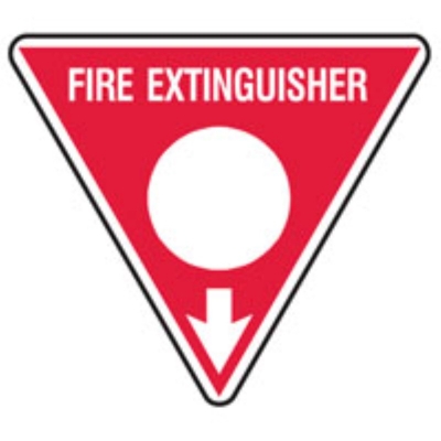 SIGN FIRE EXTINGUISHER WHITE CIRCLE DOWN ARROW 350MM TRIANGLE POLY 832821