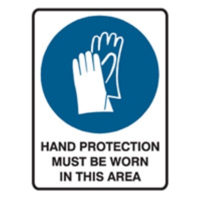 SIGN HAND PROTECTION MUST BE WORN IN THIS AREA 225X300MM POLY 841230 (Z032001 - 90X125MM)