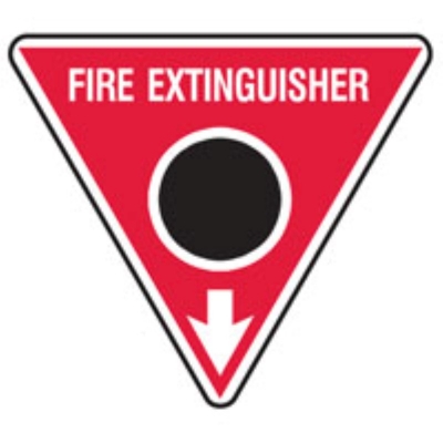 SIGN FIRE EXTINGUISHER BLACK CIRCLE DOWN ARROW 350MM TRIANGLE POLY 832812