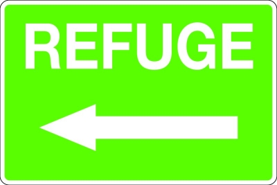SIGN REFUGE LEFT ARROW 450X300MM METAL CL1 REFLECTIVE WHITE ON GREEN
