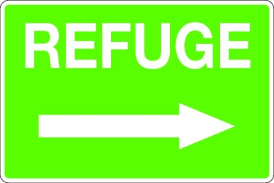 SIGN REFUGE RIGHT ARROW 450X300MM METAL CL1 REFLECTIVE WHITE ON GREEN