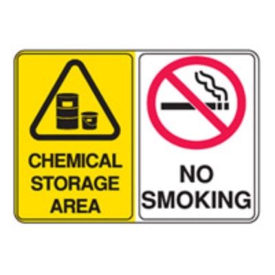 "SIGN MULTIPLE WARNING CHEMICAL STORAGE AREA, NO SMOKING 600X450MM POLY 844052"