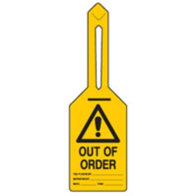 TAG CAUTION SYMBOL OUT OF ORDER 85X160MM POLYPROPYLENE SELF LOCKING PACK 25 8472