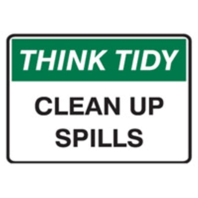 SIGN THINK TIDY CLEAN UP SPILLS 350X250MM POLY 830436