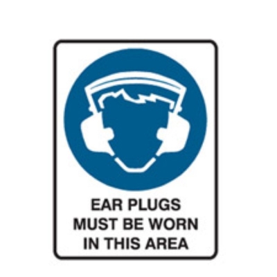 SIGN EAR PLUGS MUST BE WORN IN THIS AREA 450X600MM POLY 834626