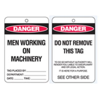 TAG DANGER MEN WORKING ON MACHINERY 100X150MM POLYPROPYLENE PACK 10 842381