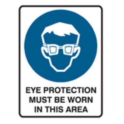 SIGN EYE PROTECTION MUST BE WORN IN THIS AREA 450X600MM METAL 832114 (Z037953 - 90X125MM)