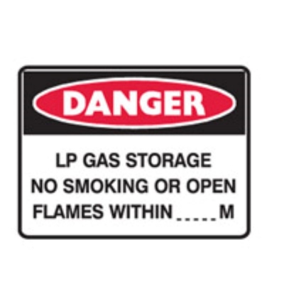 SIGN DANGER LP GAS STORAGE NO SMOKING OR OPEN FLAME WITHIN _ _ _ M 450X600MM MET