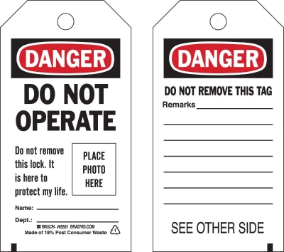 TAG DANGER DO NOT OPERATE 144X76MM SELF LAMINATING PHOTO I.D. PACK 10 65501