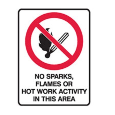 "SIGN NO SPARKS, FLAMES OR HOT WORK ACTIVITY IN THIS AREA 225X300MM METAL 840773 (Z039436 - 300X450MM)