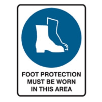 SIGN FOOT PROTECTION MUST BE WORN IN THIS AREA 225X300MM METAL 840584 (Z039503 - 55X90MM)