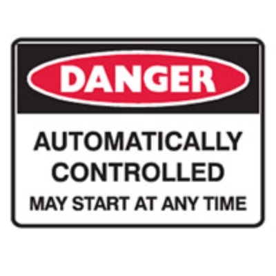 SIGN DANGER AUTOMATICALY CONTROLLED MAY START AT ANY TIME 450X300MM METAL 832065 (Z039646 - 125X90MM)