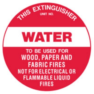 "SIGN THIS EXTINGUISHER WATER TO BE USED FOR WOOD, PAPER AND FABRIC FIRES 200MM
