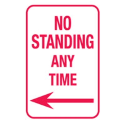 SIGN NO STANDING ANY TIME LEFT ARROW 300X450MM ALUMINIUM CL2 REFLECTIVE 832539