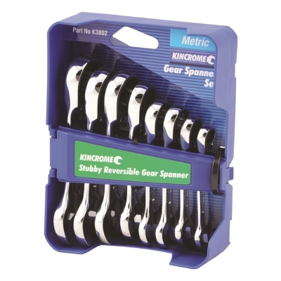 SPANNER SET GEARED REVERSIBLE STUBBY 8PC METRIC KINCROME