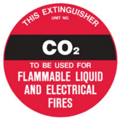 SIGN THIS EXTINGUISHER CO2 TO BE USED FOR FLAMMABLE LIQUID AND FIRES 200MM DIA P