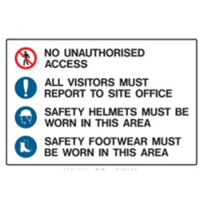 "SIGN MULTIPLE CONDITION 600X450MM METAL ACCESS, VISITORS, HELMETS, FOOTWEAR 846