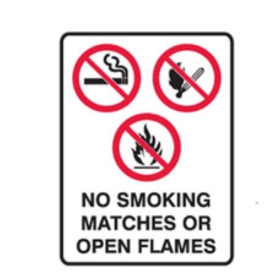 "SIGN NO SMOKING, MATCHES OR NAKED FLAMES 450X300MM METAL 832628" (Z048678 - 250X180MM)