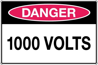 SIGN DANGER 1000 VOLTS 300X450MM METAL CL1 REFLECTIVE BLACK & RED ON WHITE
