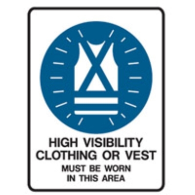 SIGN HIGH VISIBILITY CLOTHING OR VEST MUST BE WORN IN THIS AREA 180X250MM LUMINO