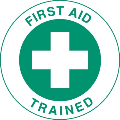 STICKER HARD HAT FIRST AID TRAINED 51MM DIAMETER CARD OF 4 42241