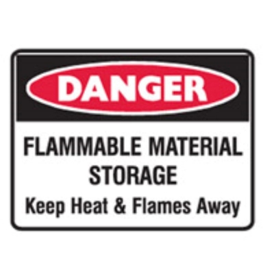 SIGN DANGER FLAMMABLE MATERIAL STORAGE KEEP HEAT & FLAMES AWAY 600X450MM ULTRATU