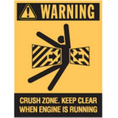 STICKER WARNING CRASH ZONE. KEEP CLEAR WHEN ENGINE IS RUNNING 90X125MM 836420