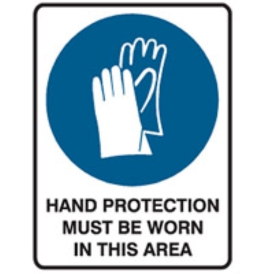 SIGN HAND PROTECTION MUST BE WORN IN THIS AREA 300X225MM ULTRATUFF POLY 872571