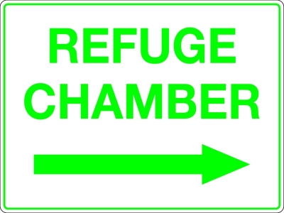 SIGN REFUGE CHAMBER RIGHT ARROW 600X450MM METAL CL1 REFLECTIVE GREEN ON WHITE