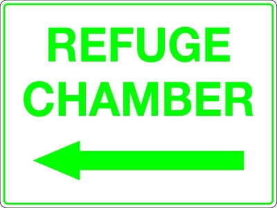 SIGN REFUGE CHAMBER LEFT ARROW 600X450MM METAL CL1 REFLECTIVE GREEN ON WHITE