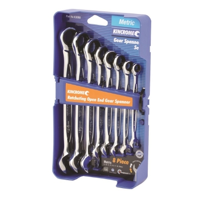 SPANNER SET GEARED OPEN END RATCHET 8PC METRIC KINCROME