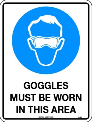 SIGN GOOGLES MUST BE WORN IN THIS AREA 300X225MM METAL