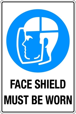 SIGN FACE SHIELD MUST BE WORN 450X300MM METAL CL1 REFLECTIVE BLACK & BLUE ON WHI