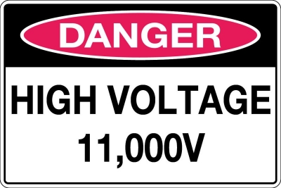 SIGN DANGER HIGH VOLTAGE 11,000V 450X300MM METAL CL1 REFLECTIVE BLACK & RED ON W