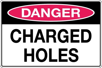 SIGN DANGER CHARGED HOLES 300X450MM METAL CL1 REFLECTIVE BLACK & RED ON WHITE