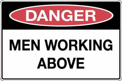 SIGN DANGER MEN WORKING ABOVE 450X300MM METAL CL1 REFLECTIVE BLACK & RED ON WHIT