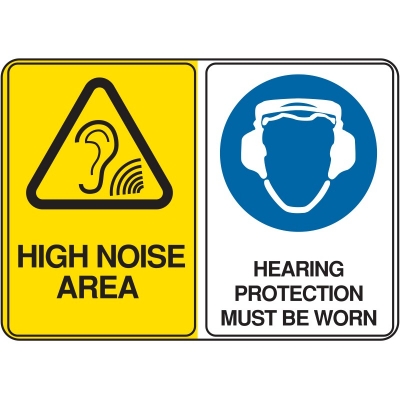 "SIGN MULTIPLE HIGH NOISE, HEARING PROTECTION MUST BE WORN 600X450MM POLY 844050
